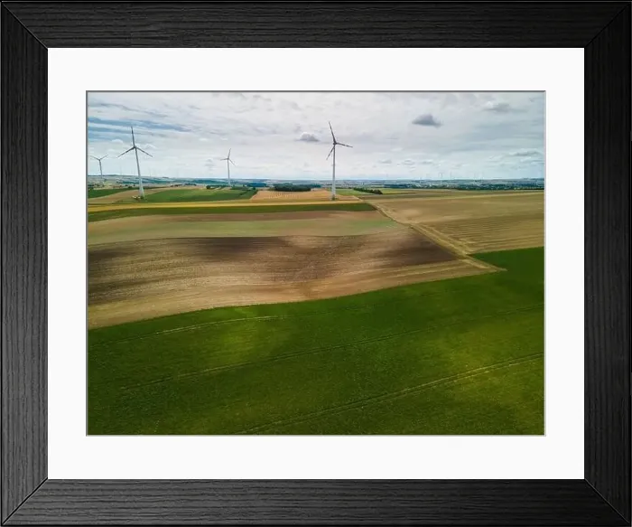 Framed Print : Renewable Energy Wind Farm in Agriculture Fields in Countryside Drone Aerial View Framed Print : Renewable Energy Wind Farm in Agriculture Fields in Countryside Drone Aerial View