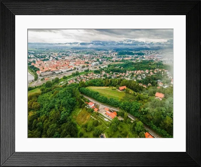 Framed Print : Celje Cityscape In Slovenia Third Largest City. Aerial Drone view Framed Print : Celje Cityscape In Slovenia Third Largest City. Aerial Drone view