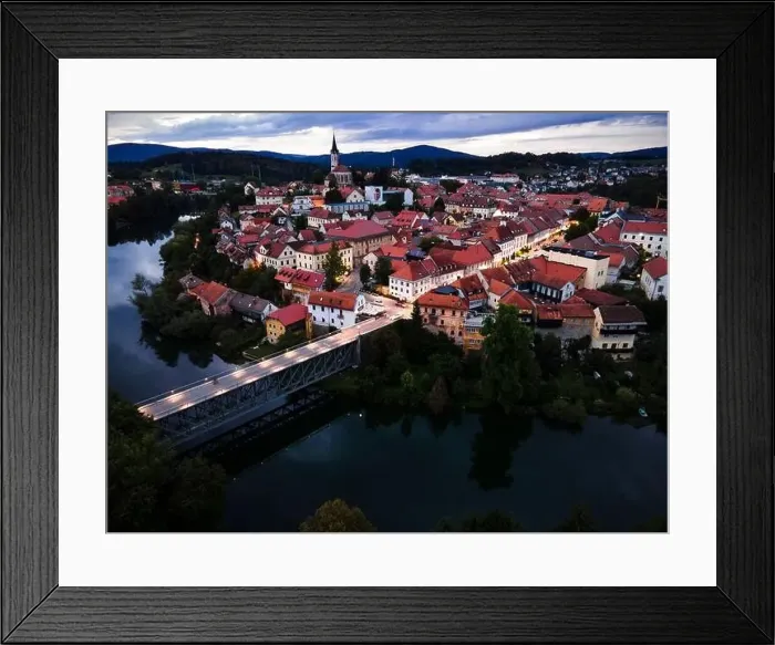 Framed Print : Evening Cityscape of Novo Mesto in Lover Carniola Region in Slovenia at River Krka Bend. Drone View Framed Print : Evening Cityscape of Novo Mesto in Lover Carniola Region in Slovenia at River Krka Bend. Drone View