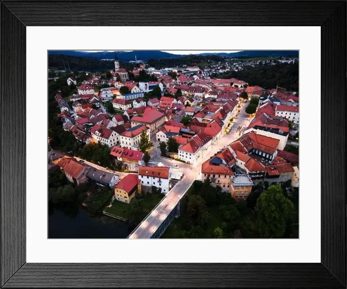 Framed Print : Illuminated at Night Novo Mesto in Lover Carniola Region in Slovenia at River Krka Bend. Drone View Framed Print : Illuminated at Night Novo Mesto in Lover Carniola Region in Slovenia at River Krka Bend. Drone View