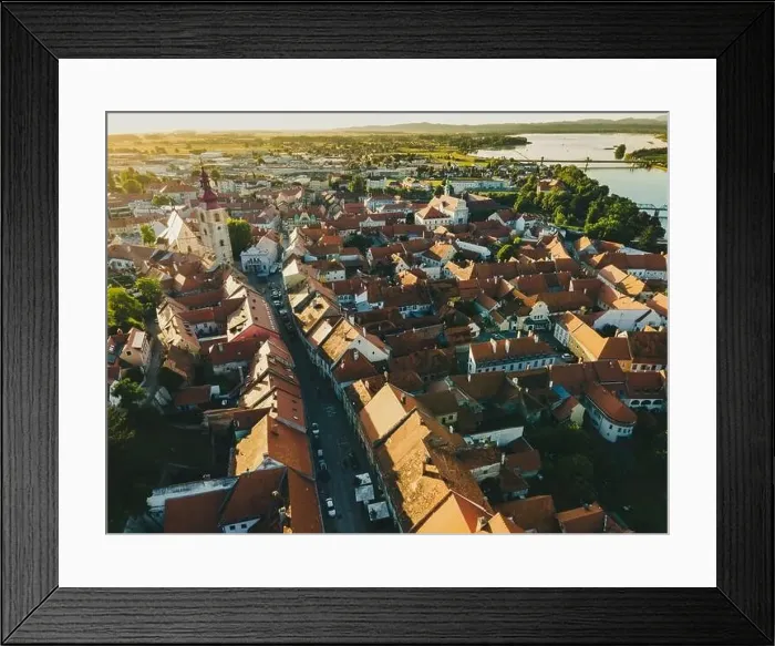 Framed Print : Ptuj Cityscape at Sunrise. Slovenia Oldest City from Above Drone Framed Print : Ptuj Cityscape at Sunrise. Slovenia Oldest City from Above Drone
