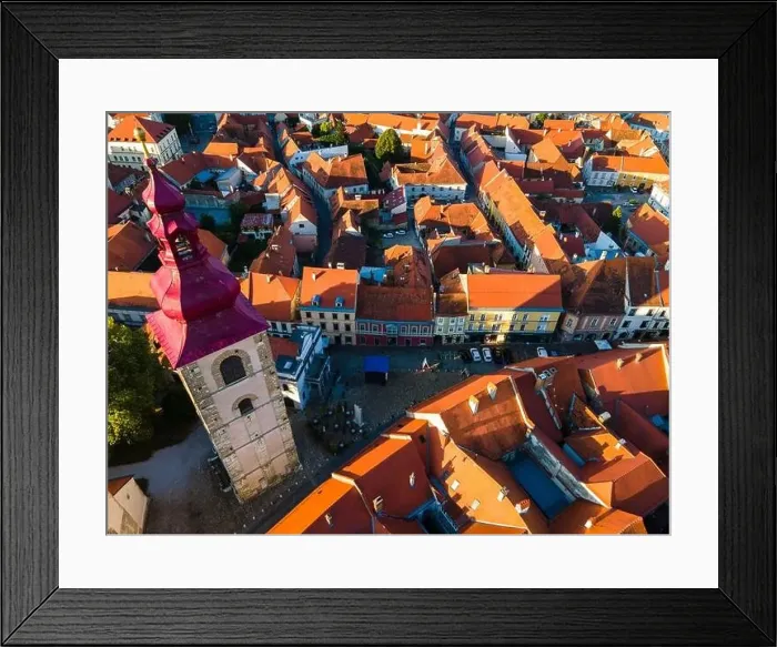 Framed Print : Ptuj City Tower in Old Town, Drone View, Slovenia Framed Print : Ptuj City Tower in Old Town, Drone View, Slovenia