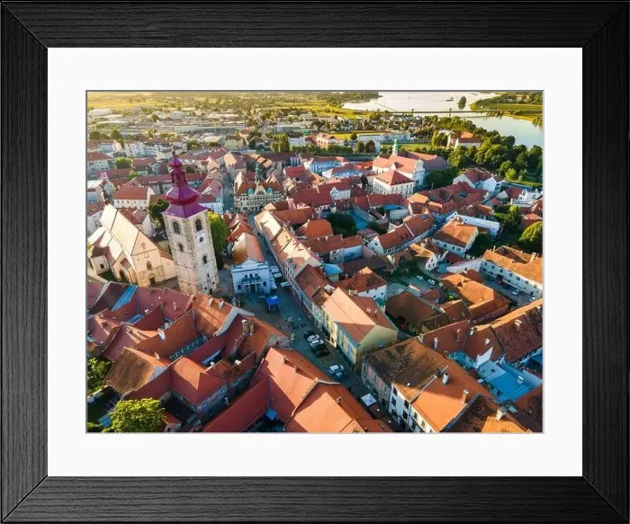 Framed Print : Old Streets of Ptuj in Slovenia, Drone View at Sunrise Framed Print : Old Streets of Ptuj in Slovenia, Drone View at Sunrise