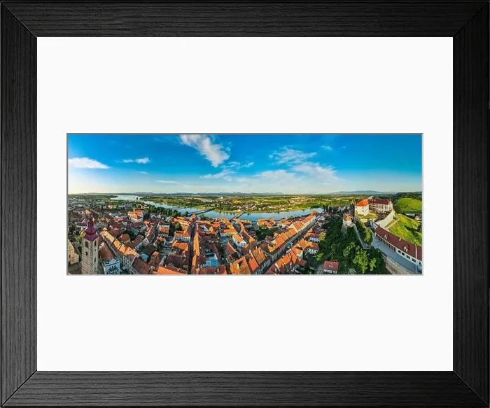 Framed Print : Aerial Panorama over Ptuj Townscape, Ptuj Castle and River Drava in Slovenia Framed Print : Aerial Panorama over Ptuj Townscape, Ptuj Castle and River Drava in Slovenia