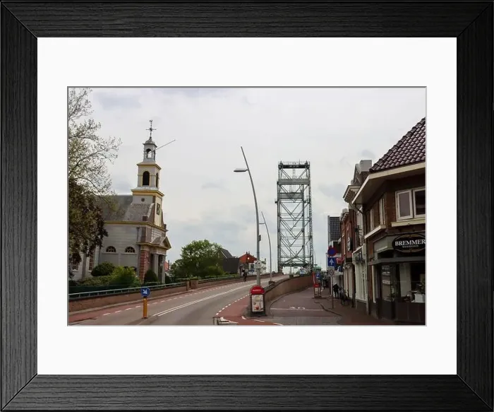 Framed Print : Steel vertical lift bridge over Gouwe canal in Waddinxveen the netherlands Framed Print : Steel vertical lift bridge over Gouwe canal in Waddinxveen the netherlands