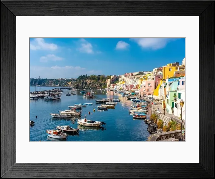 Framed Print : Aerial drone view of Corricella fisherman village in Procida island Naples Italy Framed Print : Aerial drone view of Corricella fisherman village in Procida island Naples Italy