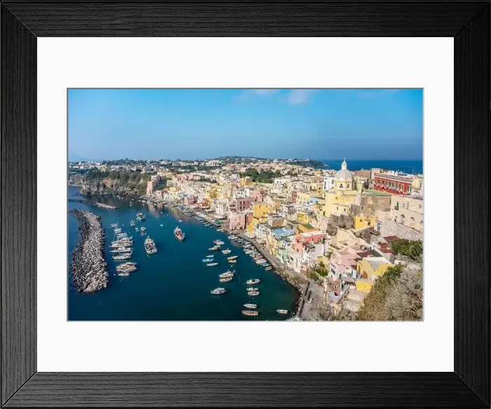 Framed Print : Aerial drone view of Italian island Procida. Marina Corricella and fort Framed Print : Aerial drone view of Italian island Procida. Marina Corricella and fort