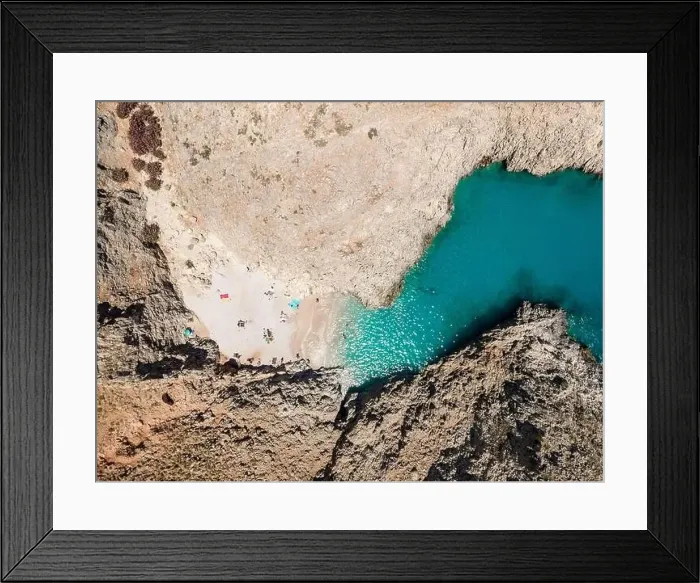 Framed Print : Aerial top view by drone of beach of Seitan Limania in bay with turquoise water and an unusual shape in Akrotiri, Crete Framed Print : Aerial top view by drone of beach of Seitan Limania in bay with turquoise water and an unusual shape in Akrotiri, Crete