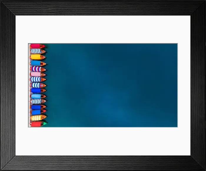 Framed Print : Colorful Wooden Boats ob Blue Water Lake. Top Down Drone Aerial Photo