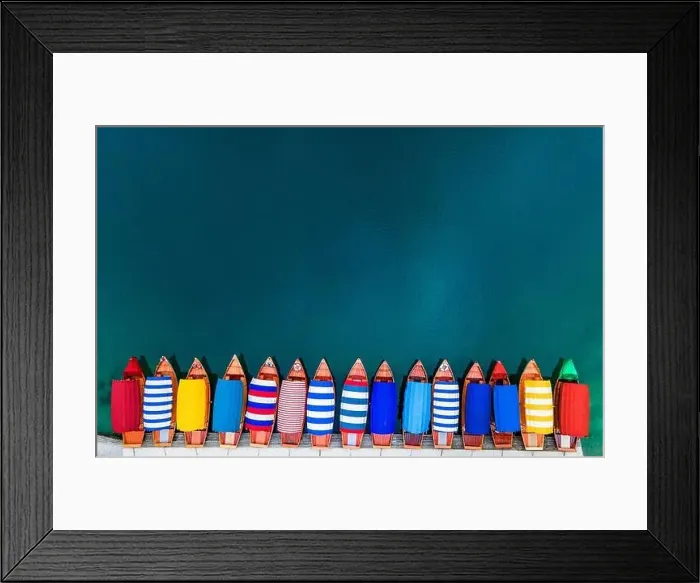 Framed Print : Travel Background. Colorful Boats on Lake. Top Down Aerial Drone Photo Framed Print : Travel Background. Colorful Boats on Lake. Top Down Aerial Drone Photo