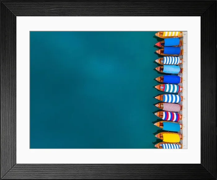 Framed Print : Travel Background. Colorful Boats on Lake. Top Down Aerial Drone Photo Framed Print : Travel Background. Colorful Boats on Lake. Top Down Aerial Drone Photo