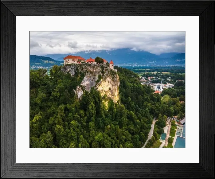 Framed Print : Famous Bled Castle at Lake Bled in Slovenia. Drone View Framed Print : Famous Bled Castle at Lake Bled in Slovenia. Drone View