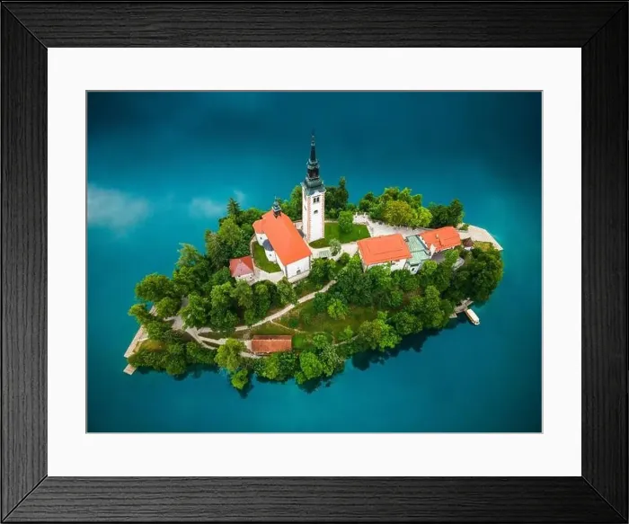 Framed Print : Bled Lake Church on Island in SLovenia. Drone View Framed Print : Bled Lake Church on Island in SLovenia. Drone View