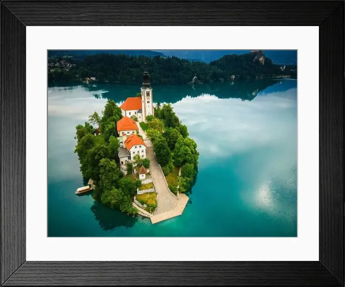 Framed Print : Bled Lake Church on Island in SLovenia. Drone View Framed Print : Bled Lake Church on Island in SLovenia. Drone View