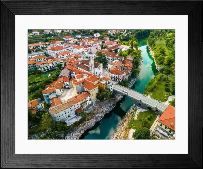Framed Print : Colorful Architecture of Kanal Ob Soci Town in Slovenia at River Soca Valley. Drone View Framed Print : Colorful Architecture of Kanal Ob Soci Town in Slovenia at River Soca Valley. Drone View