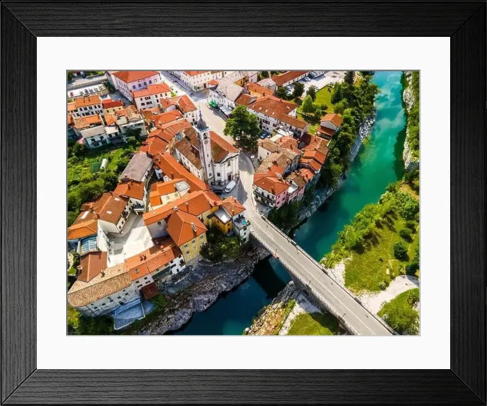 Framed Print : Kanal Ob Soci Town at River Soca in Slovenia. Aerial Drone View Framed Print : Kanal Ob Soci Town at River Soca in Slovenia. Aerial Drone View