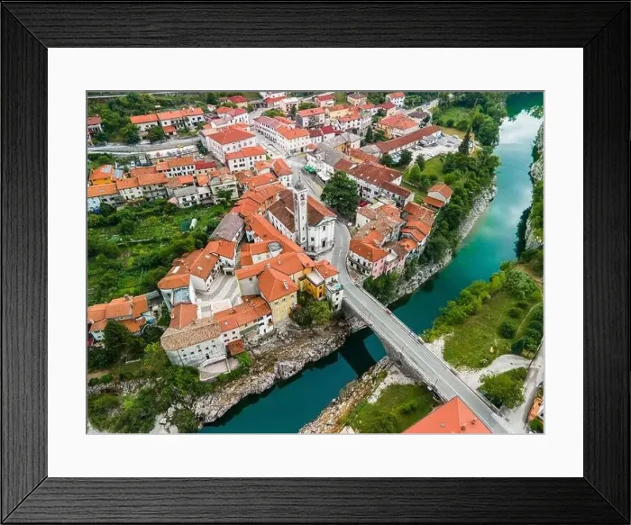 Framed Print : Colorful Architecture of Kanal Ob Soci Town in Slovenia at River Soca Valley. Drone View Framed Print : Colorful Architecture of Kanal Ob Soci Town in Slovenia at River Soca Valley. Drone View