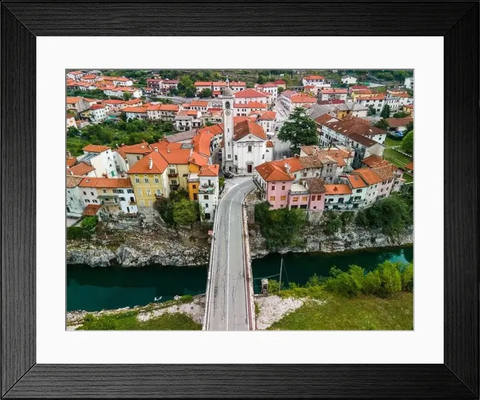 Framed Print : Kanal Ob Soci Town at River Soca in Slovenia. Aerial Drone View Framed Print : Kanal Ob Soci Town at River Soca in Slovenia. Aerial Drone View