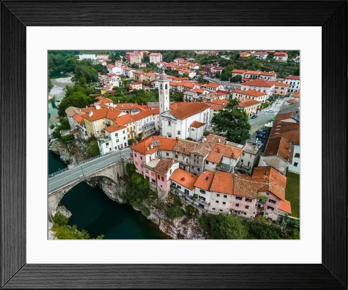 Framed Print : Colorful Architecture of Kanal Ob Soci Town in Slovenia at River Soca Valley. Drone View Framed Print : Colorful Architecture of Kanal Ob Soci Town in Slovenia at River Soca Valley. Drone View