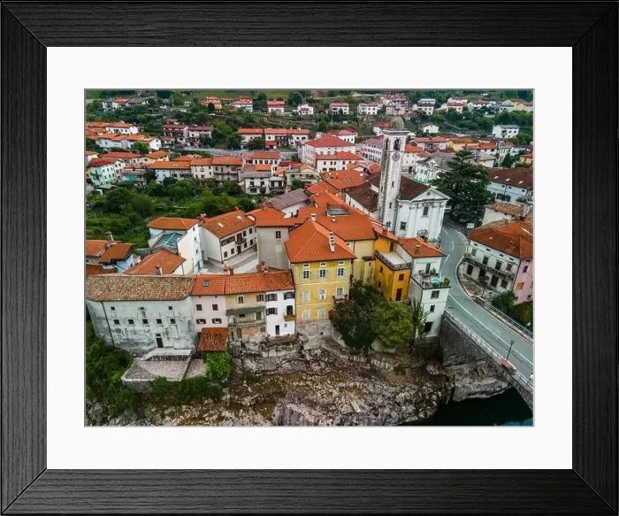 Framed Print : Kanal Ob Soci Town at River Soca in Slovenia. Aerial Drone View Framed Print : Kanal Ob Soci Town at River Soca in Slovenia. Aerial Drone View