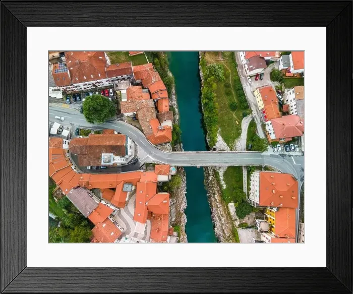Framed Print : Kanal Ob Soci in Sova Valley in Slovenia. Aerial Drone Townscape Framed Print : Kanal Ob Soci in Sova Valley in Slovenia. Aerial Drone Townscape