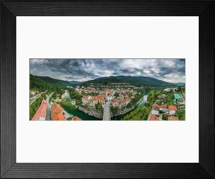 Framed Print : Aerial Panorama of Kanal ob Soci, Picturesque Town in Soca Valley Slovenia Framed Print : Aerial Panorama of Kanal ob Soci, Picturesque Town in Soca Valley Slovenia