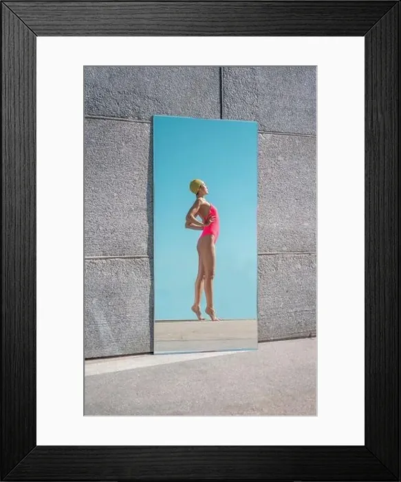 Framed Print : Mirror reflection of woman standing with hands on hips during sunny day Framed Print : Mirror reflection of woman standing with hands on hips during sunny day
