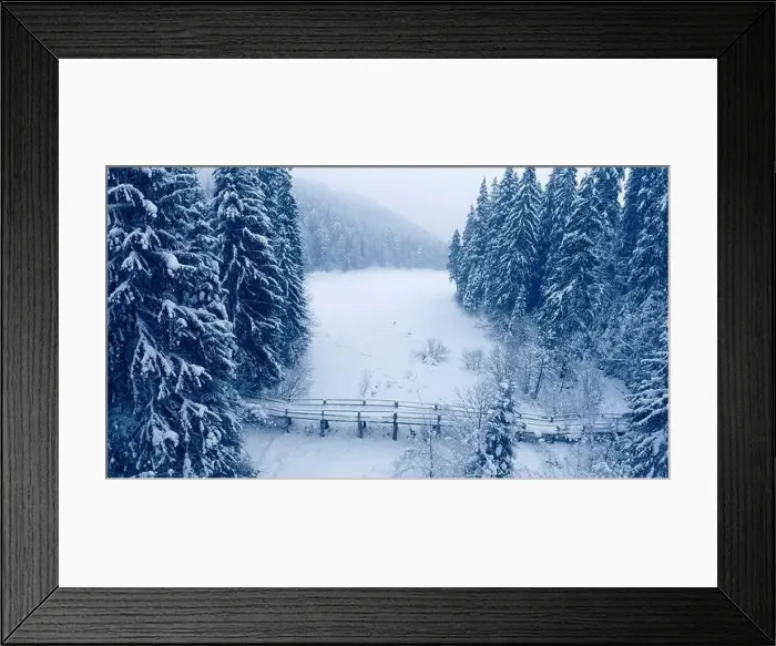 Framed Print : Snow-covered mountain coniferous forest around the ice-covered and snow-covered Lake Synevyr Framed Print : Snow-covered mountain coniferous forest around the ice-covered and snow-covered Lake Synevyr