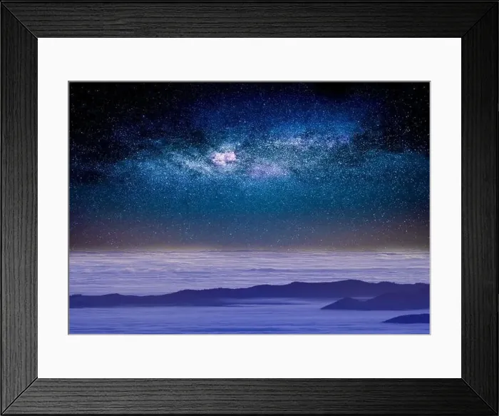 Framed Print : Starry sky over clouds or fog. View from the drone. Mystical or magical atmosphere Framed Print : Starry sky over clouds or fog. View from the drone. Mystical or magical atmosphere