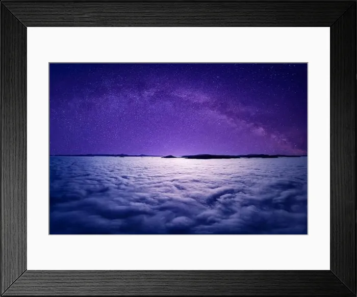 Framed Print : Starry sky over clouds or fog. View from the drone. Mystical or magical atmosphere Framed Print : Starry sky over clouds or fog. View from the drone. Mystical or magical atmosphere