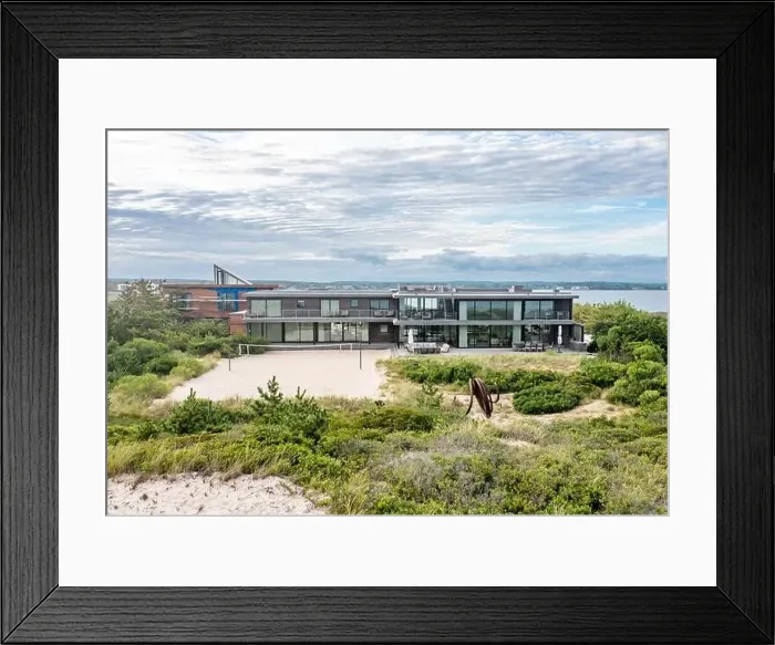 Framed Print : Aerial view of a contemporary home at 1085 Flying Point Road, Water Mill, NY Framed Print : Aerial view of a contemporary home at 1085 Flying Point Road, Water Mill, NY