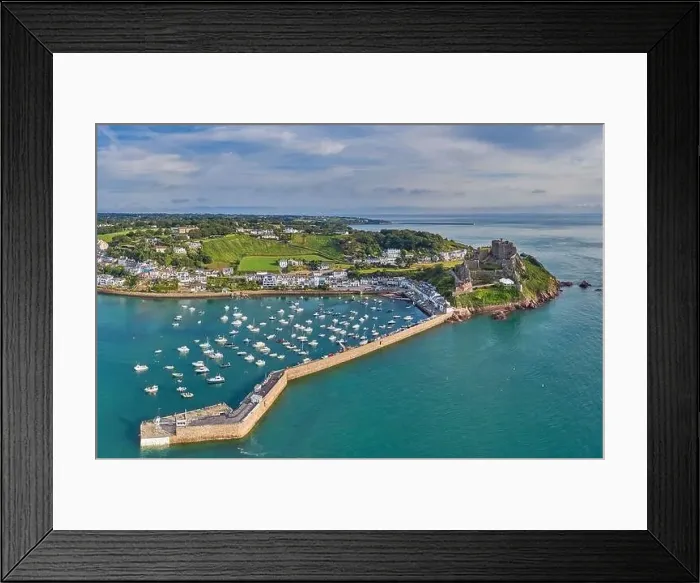 Framed Print : Drone aerial view of Gorey Harbour at high tide. Jersey, Channel Islands Framed Print : Drone aerial view of Gorey Harbour at high tide. Jersey, Channel Islands