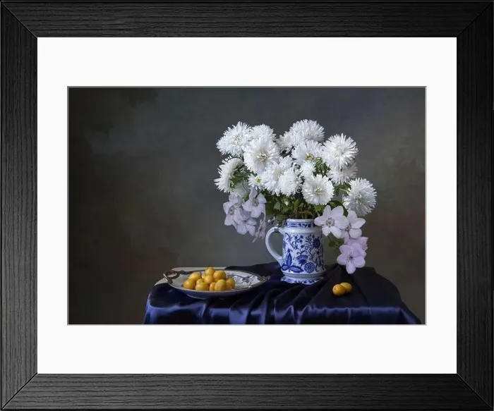 Framed Print : Still life with bouquet of asters and plums Framed Print : Still life with bouquet of asters and plums