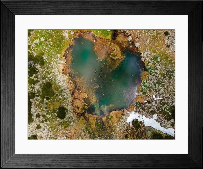 Framed Print : Aerial photography of a colourfull mountain glaciar lake located in Retezat National Park