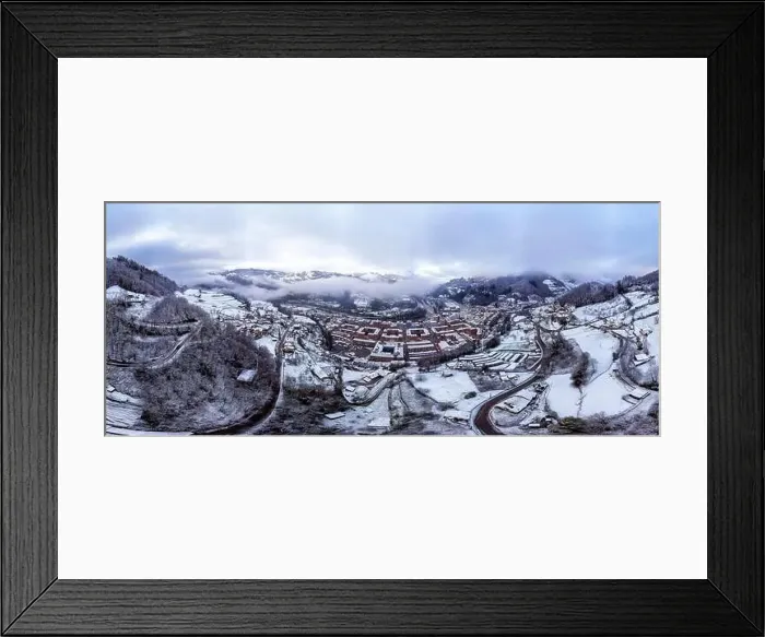 Framed Print : Aerial view of the Asturian town of Blimea under a snowfall, Spain Framed Print : Aerial view of the Asturian town of Blimea under a snowfall, Spain