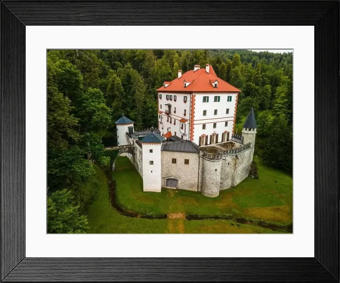 Framed Print : Slovenia Sneznik Castle (Grad Snežnik ) located in Loska Dolina. Aerial Drone View Framed Print : Slovenia Sneznik Castle (Grad Snežnik ) located in Loska Dolina. Aerial Drone View