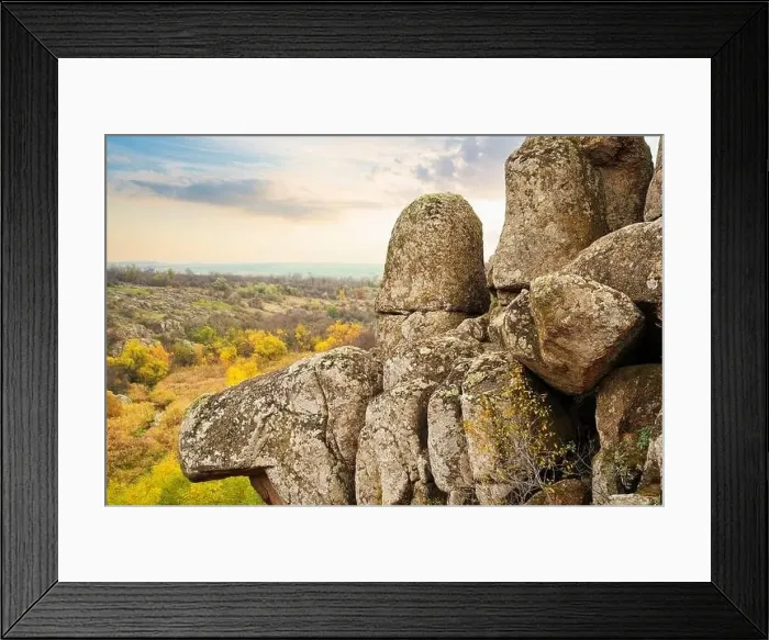 Framed Print : Aktovsky Canyon, Ukraine. Autumn trees and large stone boulders around Framed Print : Aktovsky Canyon, Ukraine. Autumn trees and large stone boulders around