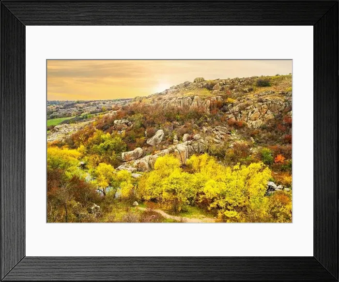 Framed Print : Aktovsky Canyon, Ukraine. Autumn trees and large stone boulders around Framed Print : Aktovsky Canyon, Ukraine. Autumn trees and large stone boulders around