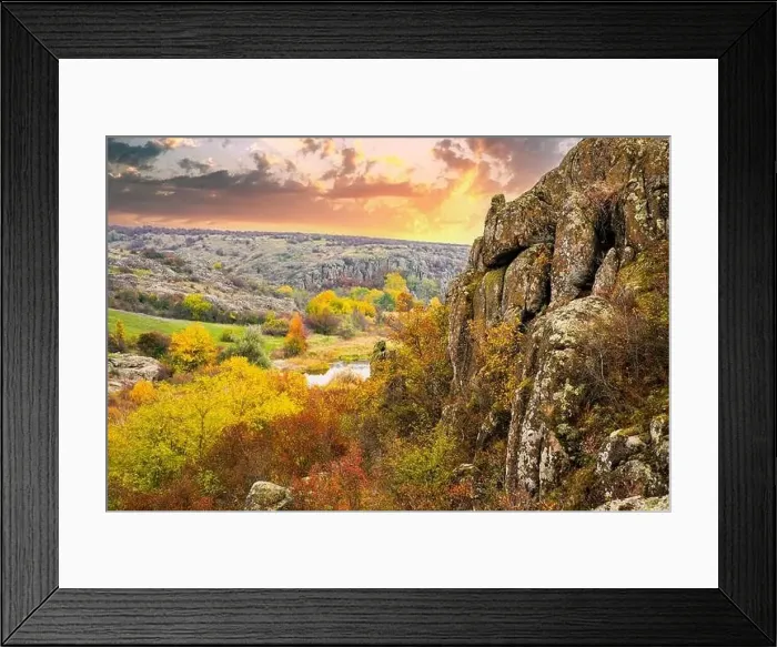 Framed Print : Aktovsky Canyon, Ukraine. Autumn trees and large stone boulders around Framed Print : Aktovsky Canyon, Ukraine. Autumn trees and large stone boulders around