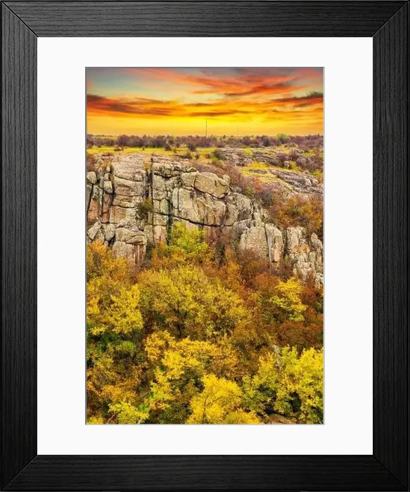 Framed Print : Aktovsky Canyon, Ukraine. Autumn trees and large stone boulders around Framed Print : Aktovsky Canyon, Ukraine. Autumn trees and large stone boulders around