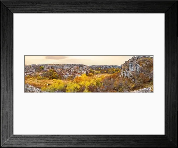 Framed Print : Aktovsky Canyon, Ukraine. Autumn trees and large stone boulders around Framed Print : Aktovsky Canyon, Ukraine. Autumn trees and large stone boulders around