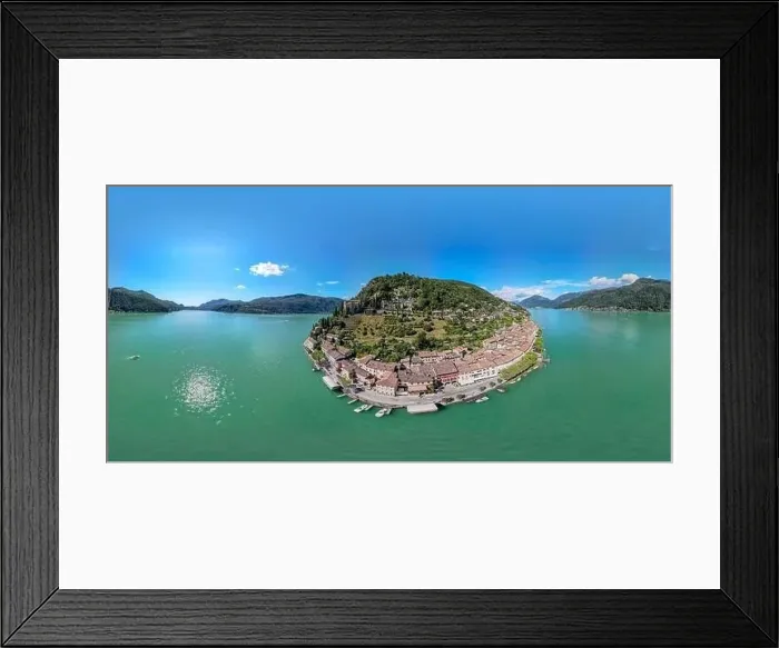 Framed Print : Drone view at the village of Morcote on lake Lugano in the italian part of Switzerland Framed Print : Drone view at the village of Morcote on lake Lugano in the italian part of Switzerland