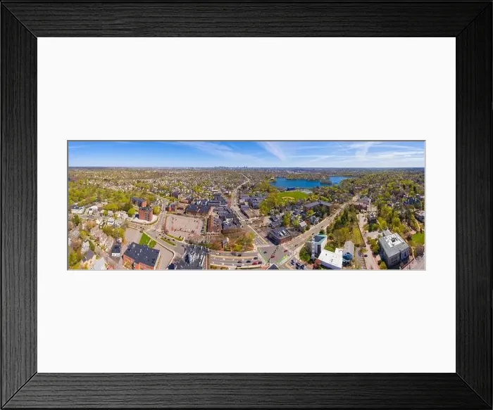 Framed Print : Arlington historic town center aerial view panorama on Massachusetts Avenue at Mystic Street Framed Print : Arlington historic town center aerial view panorama on Massachusetts Avenue at Mystic Street