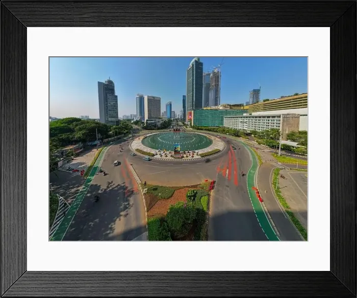Framed Print : Aerial view of the city traffics at the Hotel Indonesia Roundabout Framed Print : Aerial view of the city traffics at the Hotel Indonesia Roundabout