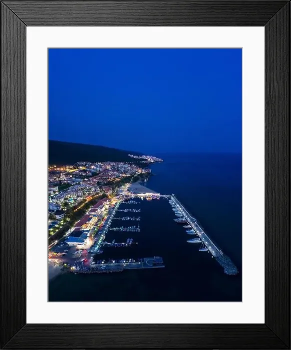 Framed Print : Aerial view to yacht marina at night Framed Print : Aerial view to yacht marina at night