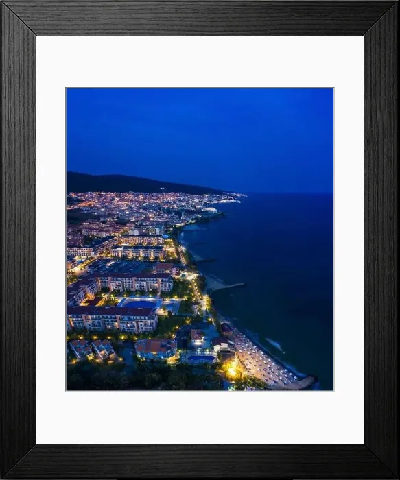 Framed Print : Aerial view to sea resort Sveti Vlas evening Framed Print : Aerial view to sea resort Sveti Vlas evening