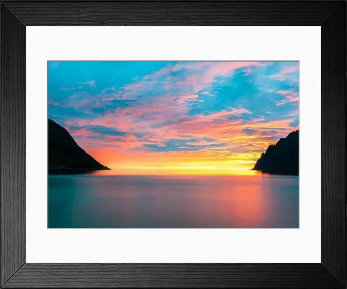 Framed Print : Long exposure of sea colored by the warm lights of midnight sun, Ersfjord, Senja, Troms county, Norway Framed Print : Long exposure of sea colored by the warm lights of midnight sun, Ersfjord, Senja, Troms county, Norway