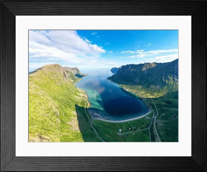 Framed Print : Aerial panoramic of Husfjellet mountain and sand beach along Steinfjord, Senja, Troms county, Norway Framed Print : Aerial panoramic of Husfjellet mountain and sand beach along Steinfjord, Senja, Troms county, Norway