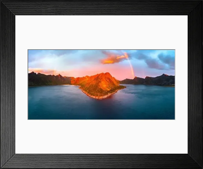 Framed Print : Aerial view of mountains of Ersfjord and Steinfjord lit by rainbow and midnight sun Framed Print : Aerial view of mountains of Ersfjord and Steinfjord lit by rainbow and midnight sun