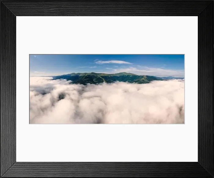 Framed Print : Amazing aerial panoramic view on Borzhava mountain range in the Carpathians with feet covered by clouds Framed Print : Amazing aerial panoramic view on Borzhava mountain range in the Carpathians with feet covered by clouds